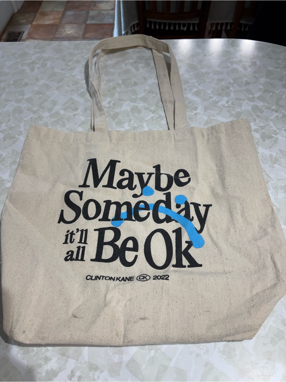 Maybe Someday Canvas Tote Bag - Beige with Black & Blue Print